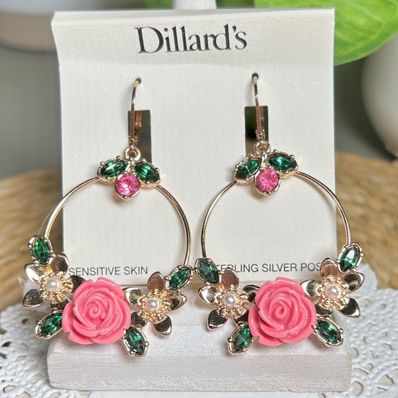 Dillard’s Pink Rose gold-tone lever back hoop earrings with crystal and resin - Picture 1 of 7
